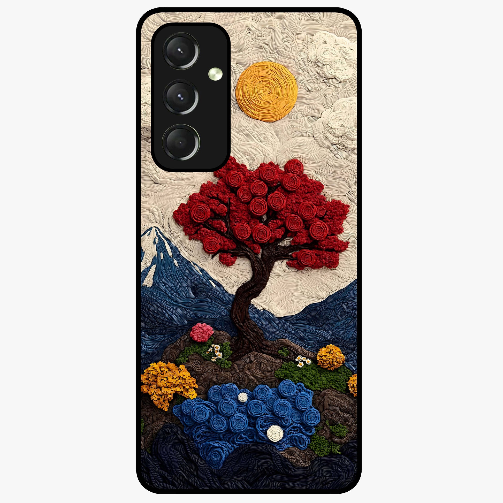 Eternal Nature Tapestry Glass Case showing flat back view with intricate nature tapestry artwork and glossy glass finish.