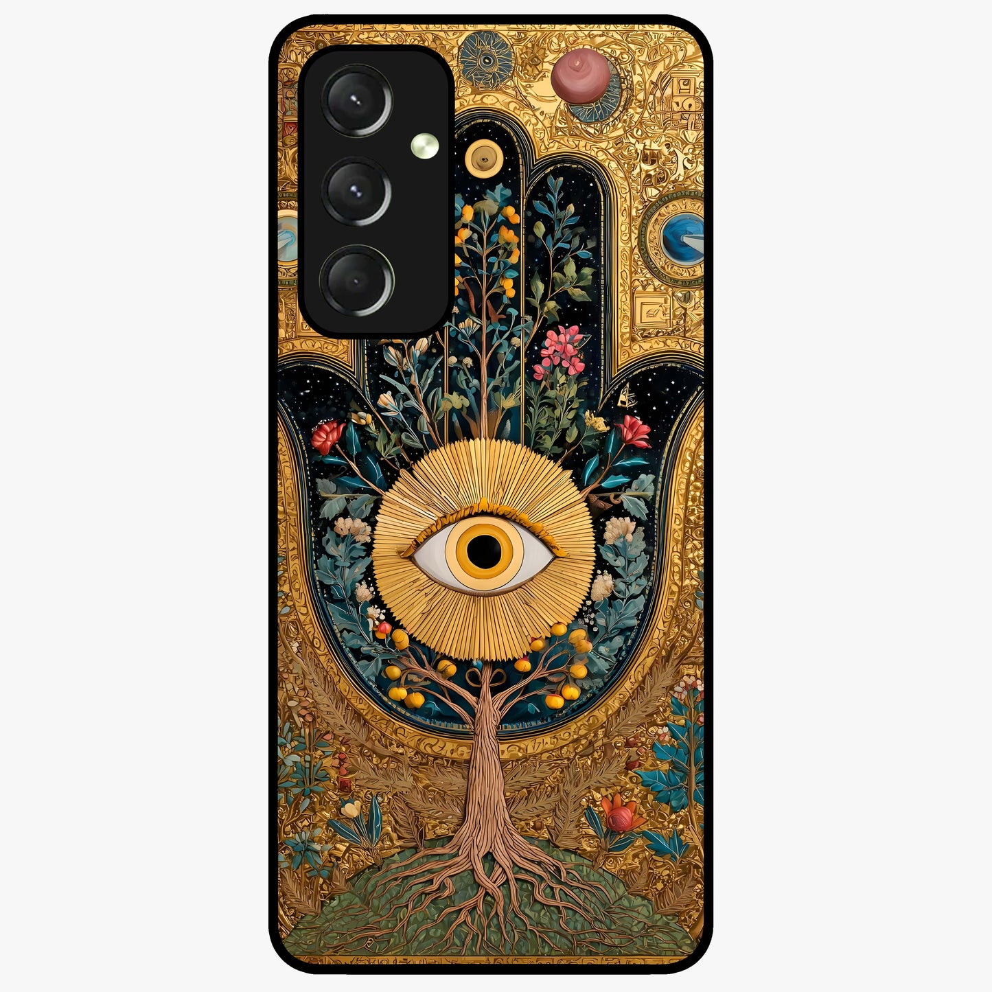 Ethereal Evil Eye Glass Case showing flat back view with mystical evil eye artwork and glossy glass finish.