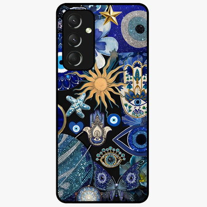 Evil Eye Charm Mix Glass Case showing flat back view with multiple evil eye charms artwork and glossy glass finish.