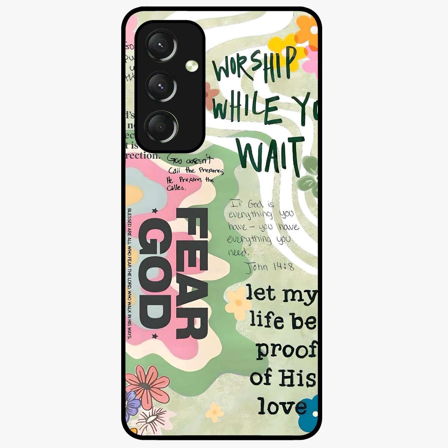 Faith Over Fear Glass Case showing flat back view with motivational typography artwork and glossy glass finish.