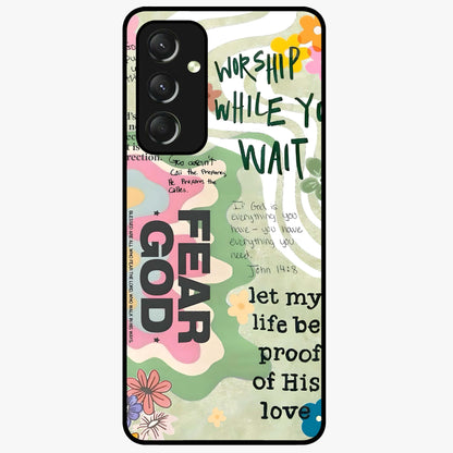 Faith Over Fear Glass Case showing flat back view with motivational typography artwork and glossy glass finish.
