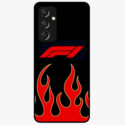 Fire F11 Glass Case showing flat back view with fiery themed artwork and glossy glass finish.