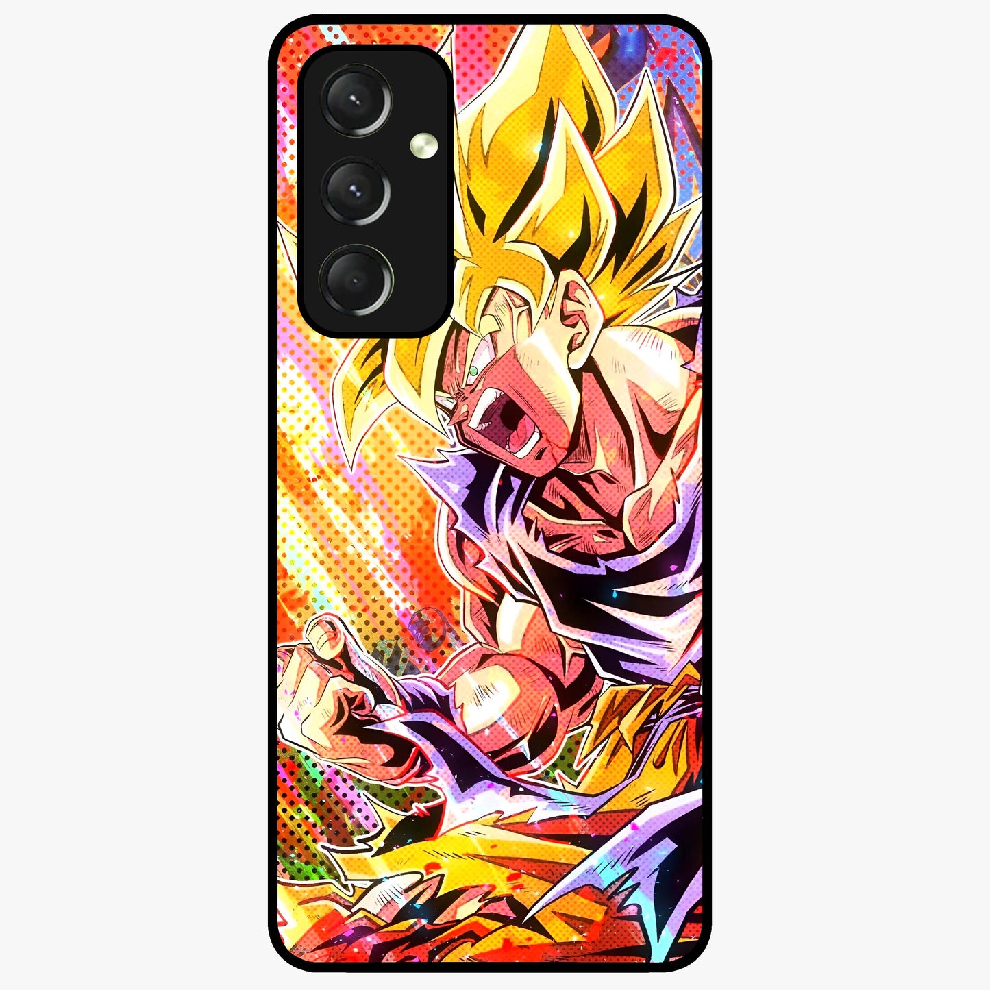 Firing Goku Glass Case showing flat back view with powerful anime inspired artwork and glossy glass finish.