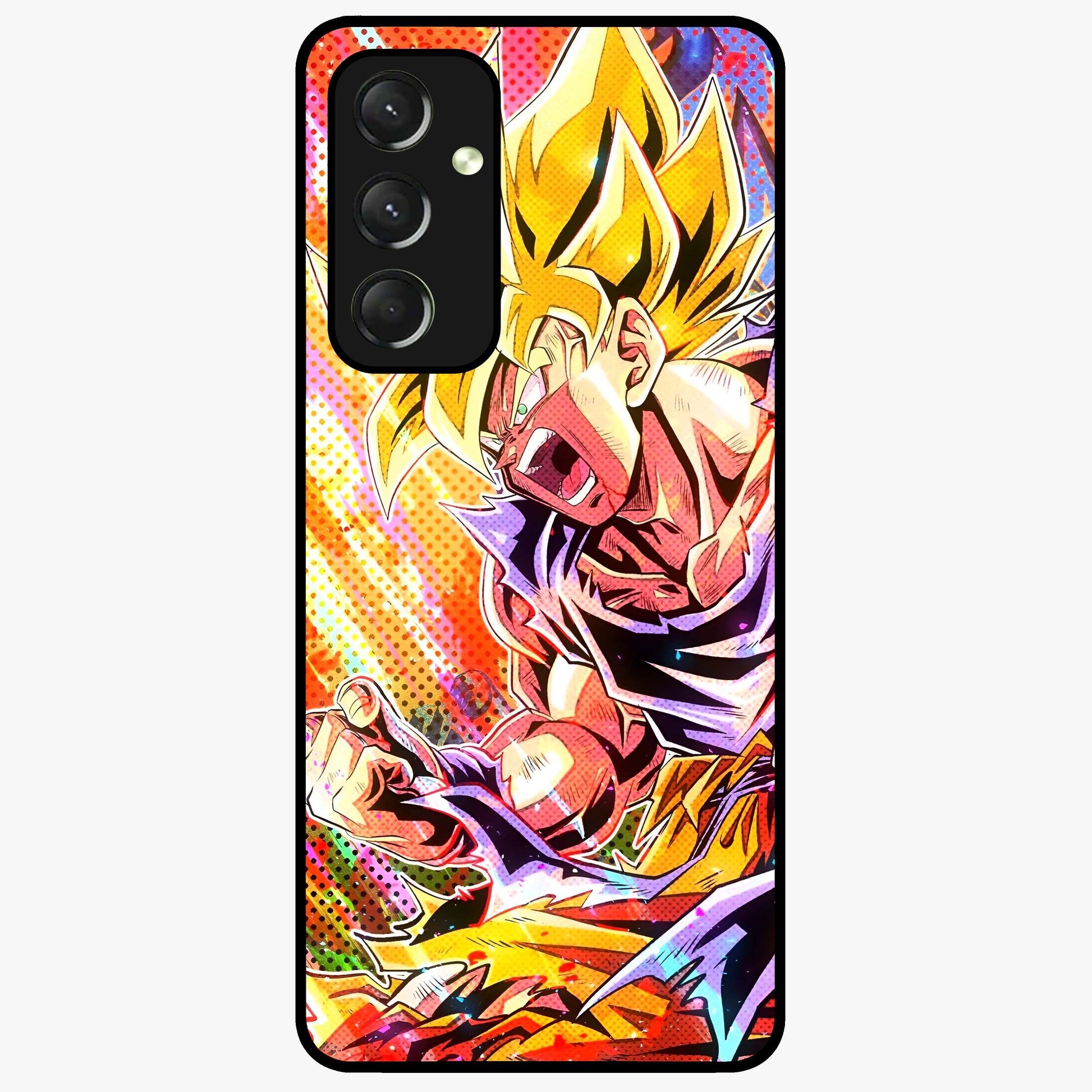 Firing Goku Glass Case showing flat back view with powerful anime inspired artwork and glossy glass finish.