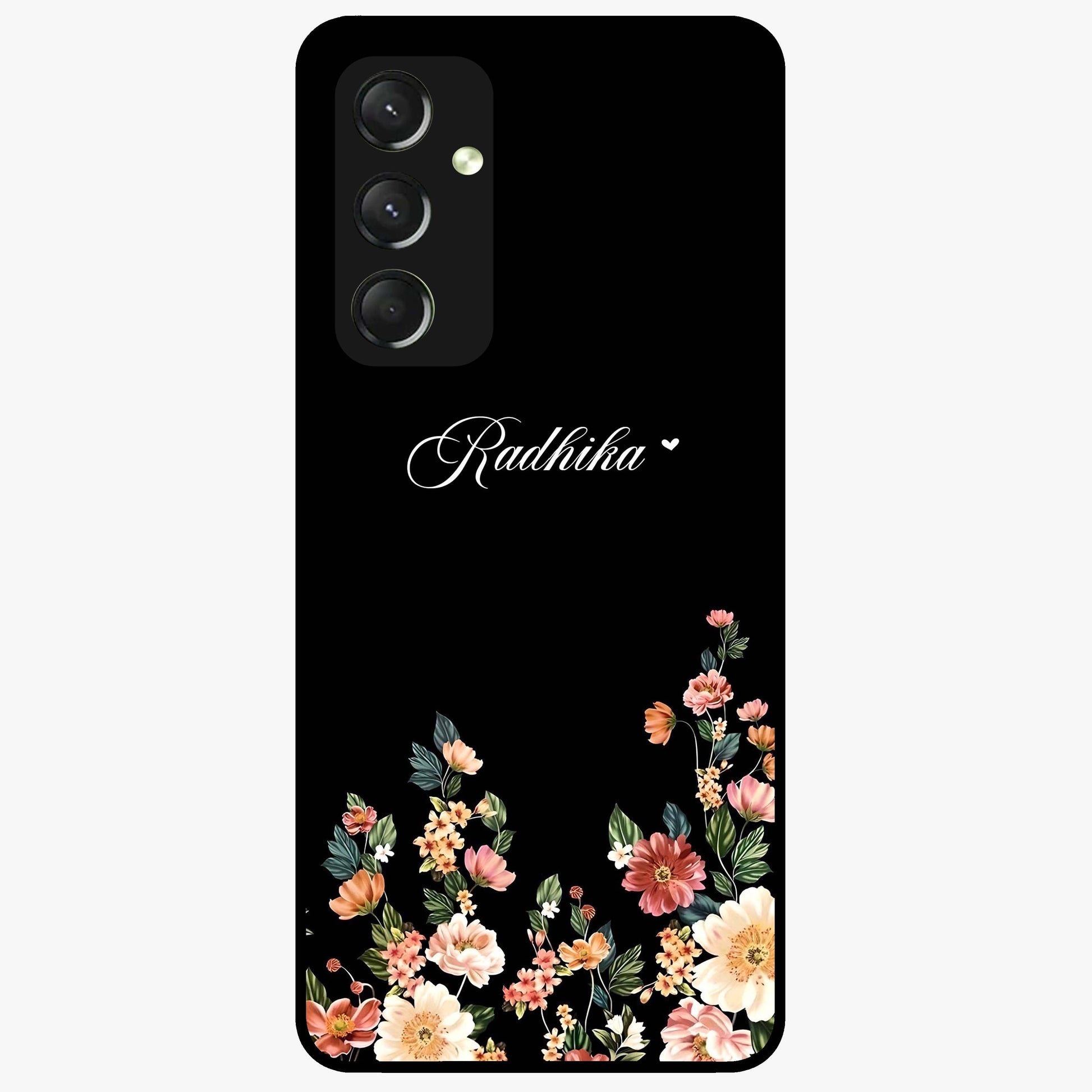 Floral Design With a Custom Personalized Name Glass Case showing flat back view with floral artwork and personalized name design.