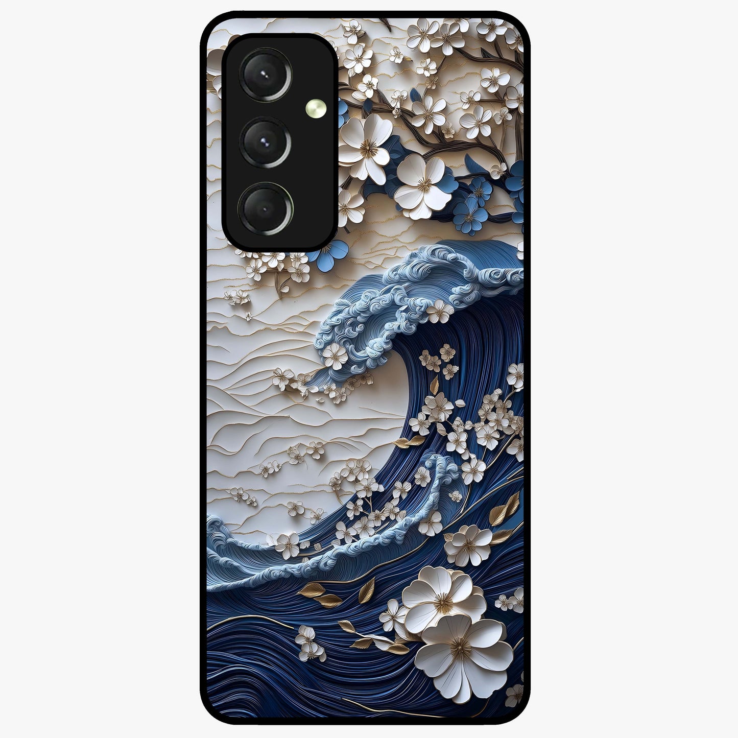Floral Wave Origami Glass Case showing flat back view with origami inspired floral wave artwork and glossy glass finish.