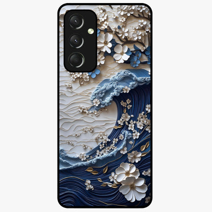 Floral Wave Origami Glass Case showing flat back view with origami inspired floral wave artwork and glossy glass finish.