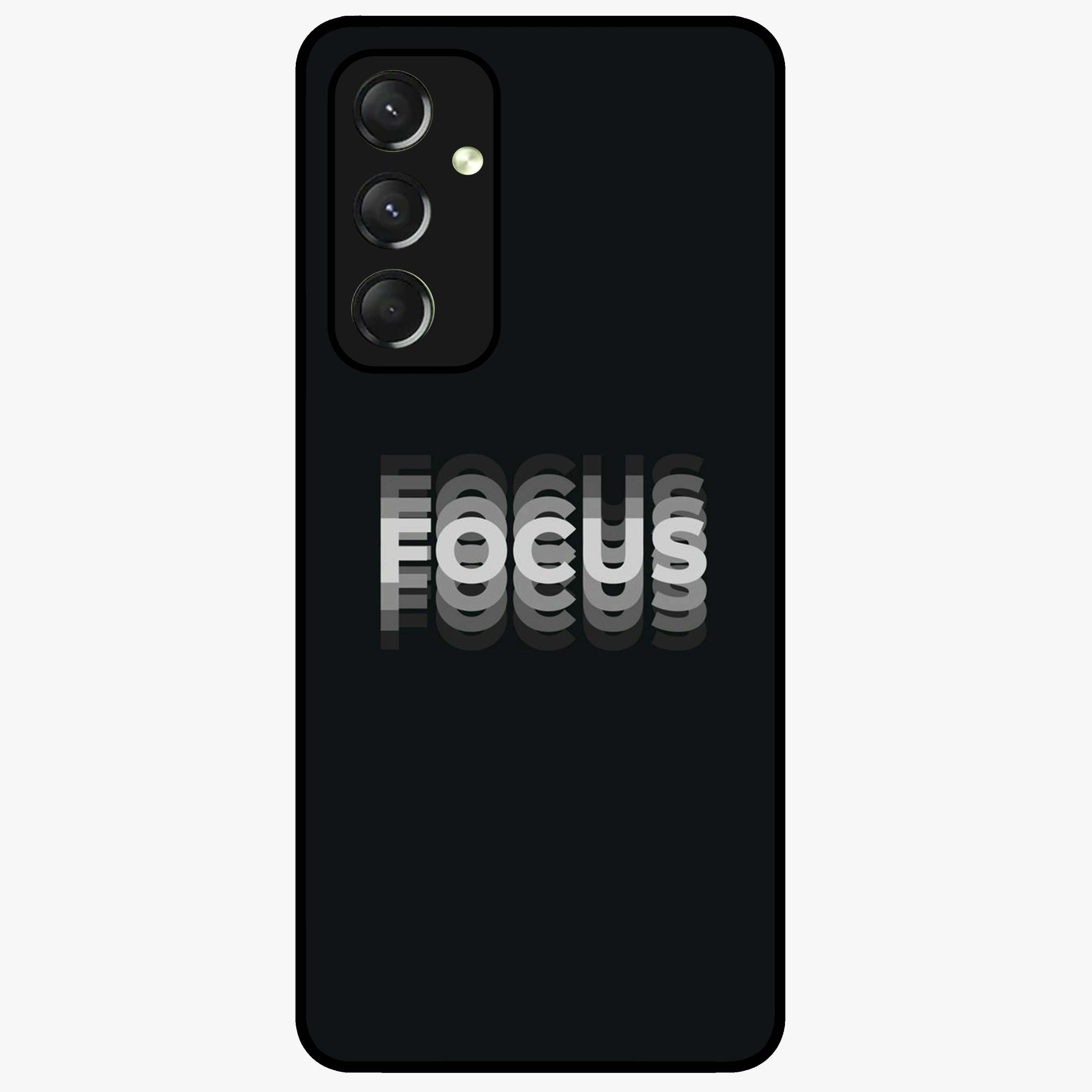 Focus Mode On Glass Case showing flat back view with bold motivational typography design and glossy glass finish.