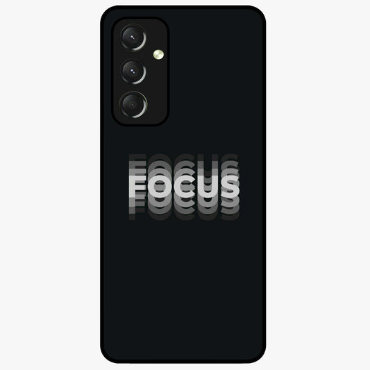 Focus Mode On Glass Case showing flat back view with bold motivational typography design and glossy glass finish.