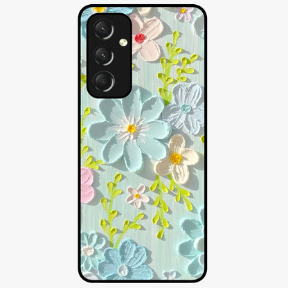 Frosted Petal Garden Glass Case showing flat back view with soft frosted floral artwork and glossy glass finish.