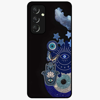 Galactic Charm Cluster Glass Case showing flat back view with glowing celestial charm artwork and glossy glass finish.
