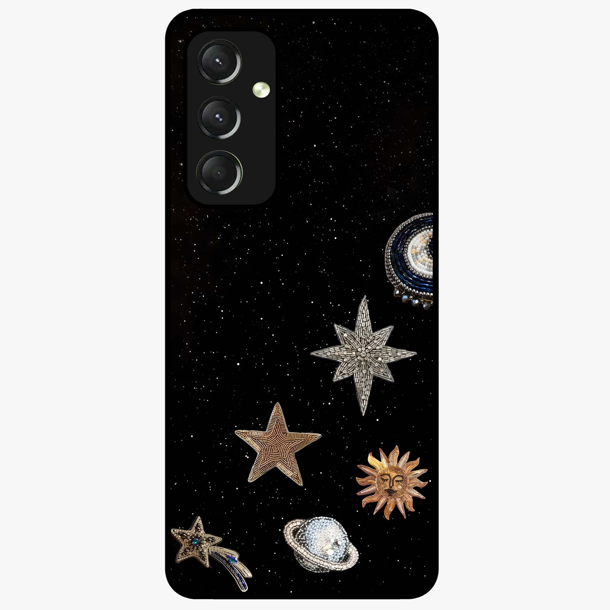Galactic Charm Glow Glass Case showing flat back view with glowing celestial charm artwork and glossy glass finish.