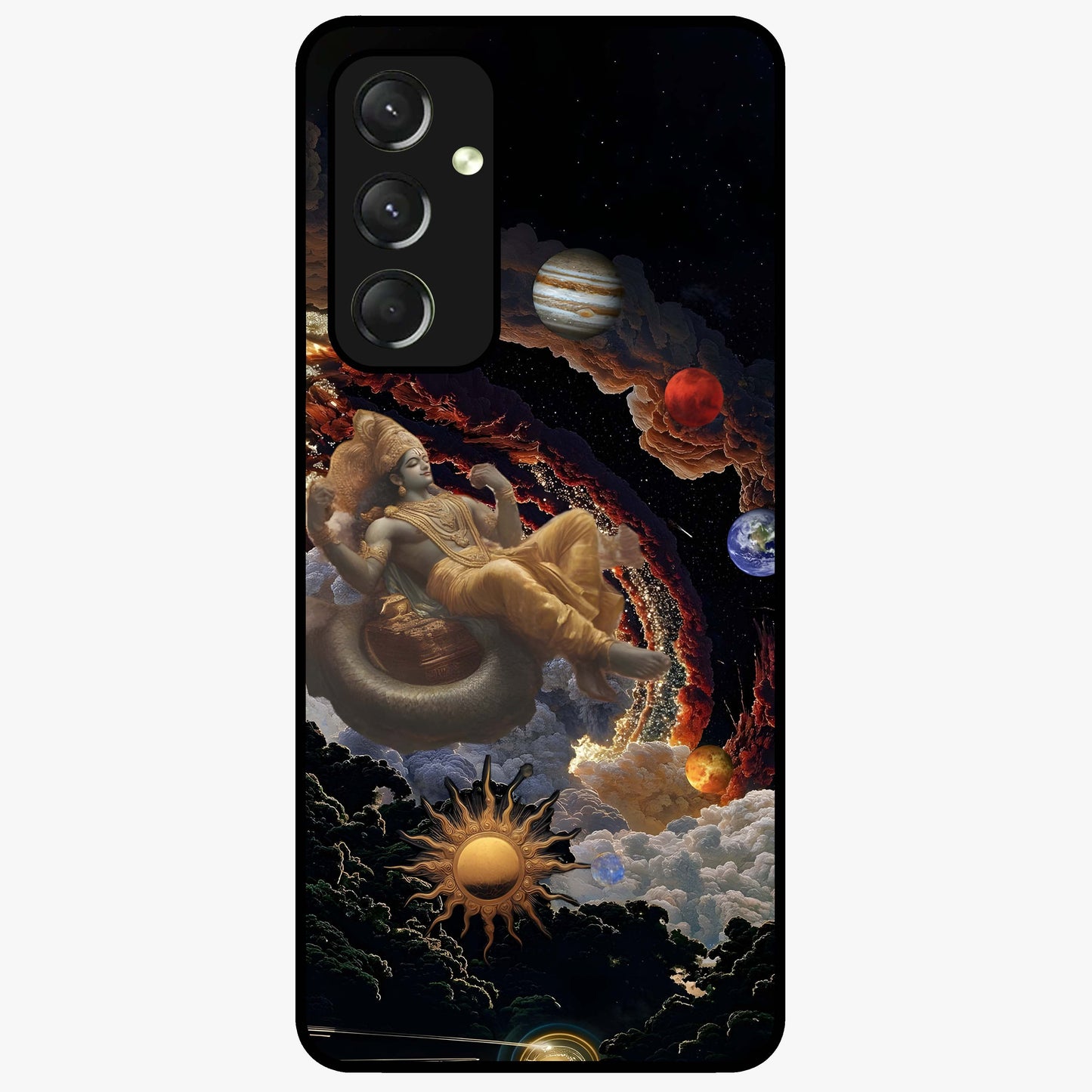 Galactic Divine God Glass Case showing flat back view with divine cosmic themed artwork and glossy glass finish.