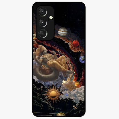 Galactic Divine God Glass Case showing flat back view with divine cosmic themed artwork and glossy glass finish.