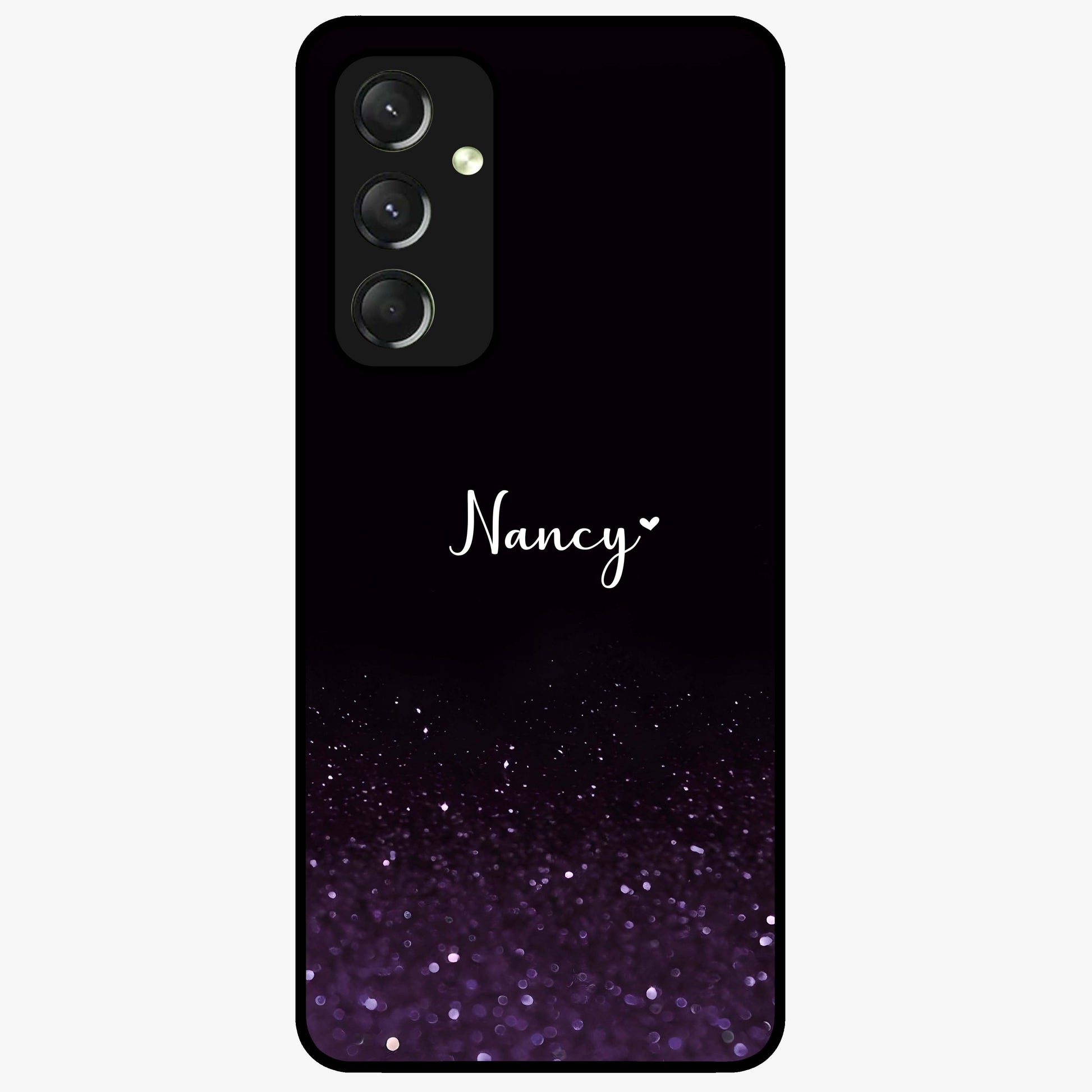 Glittery Purple Bokeh Custom Name Glass Case showing flat back view with purple bokeh sparkle artwork and personalized name design.