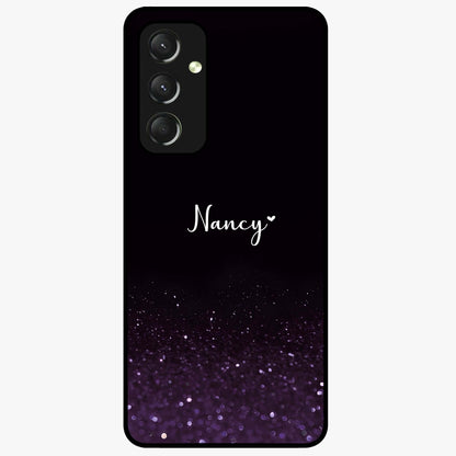 Glittery Purple Bokeh Custom Name Glass Case showing flat back view with purple bokeh sparkle artwork and personalized name design.