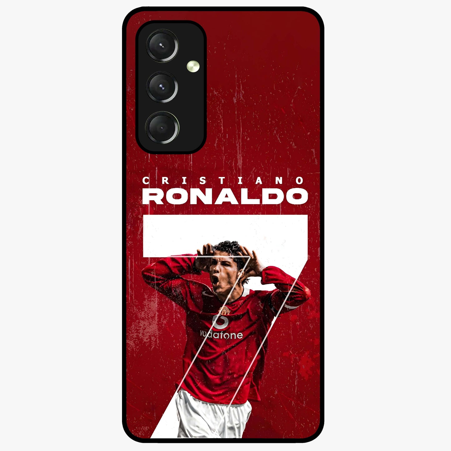 Goal Celebration Legacy Glass Case showing flat back view with football celebration inspired artwork and glossy glass finish.