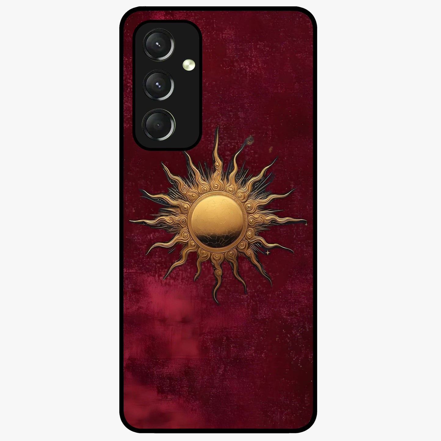 Gold Sun Blush Glass Case showing flat back view with golden sun inspired artwork and glossy glass finish.