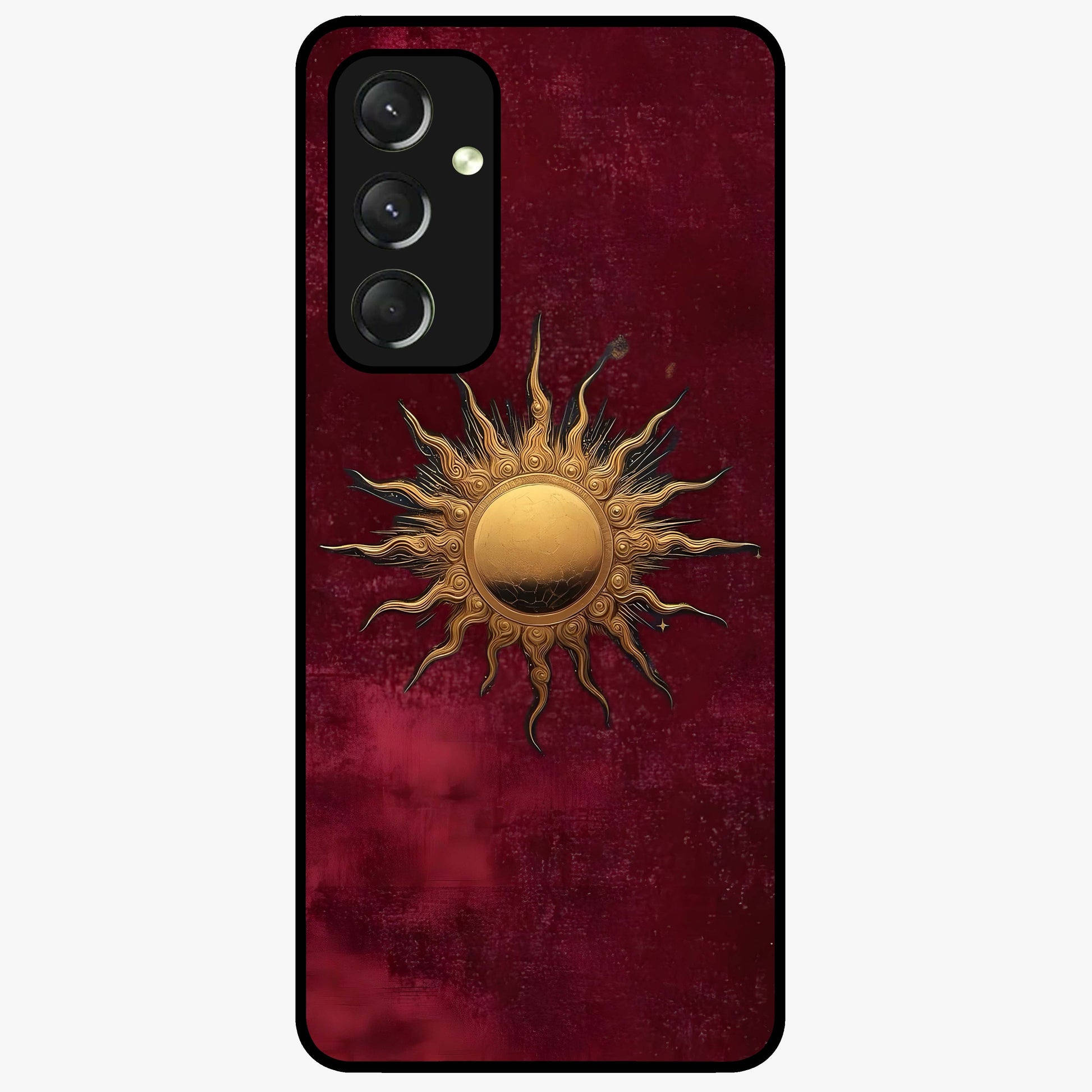 Gold Sun Blush Glass Case showing flat back view with golden sun inspired artwork and glossy glass finish.