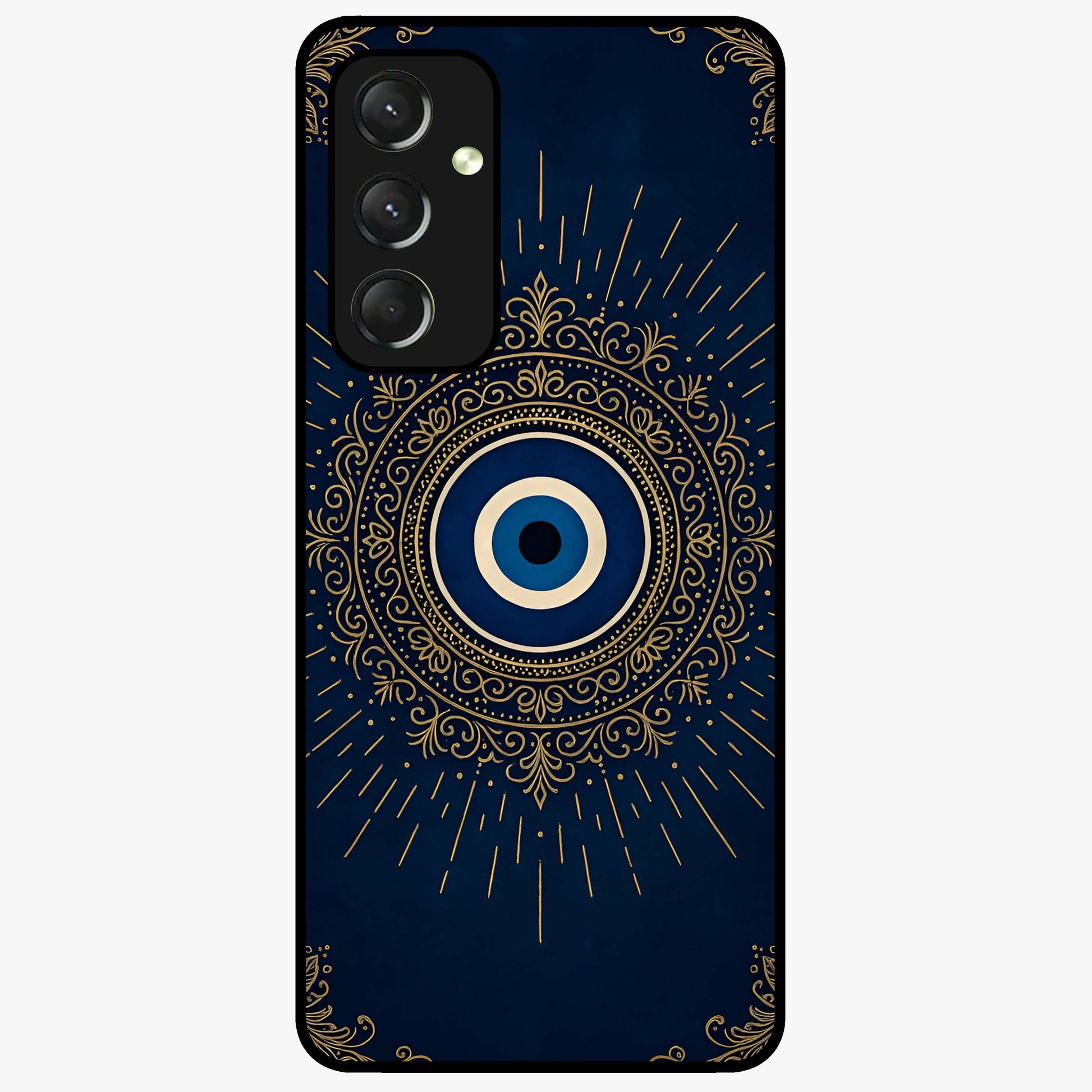 Golden Evil Eye Mandala Glass Case showing flat back view with intricate evil eye mandala artwork and glossy glass finish.