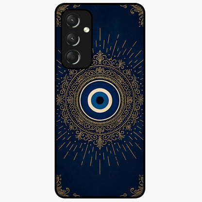 Golden Evil Eye Mandala Glass Case showing flat back view with intricate evil eye mandala artwork and glossy glass finish.
