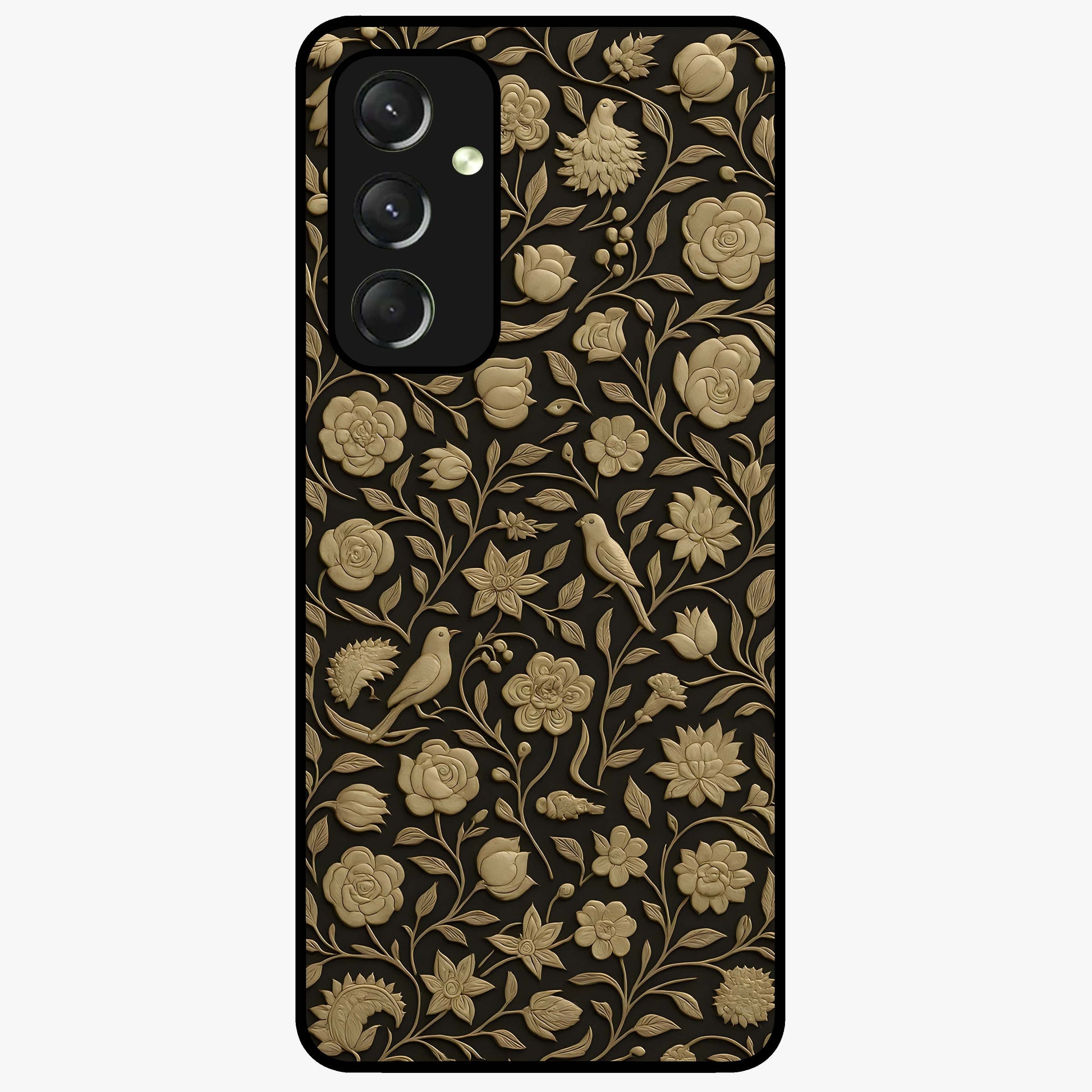 Golden Floral Majesty Glass Case showing flat back view with luxurious golden floral artwork and glossy glass finish.