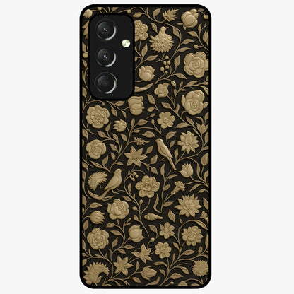 Golden Floral Majesty Glass Case showing flat back view with luxurious golden floral artwork and glossy glass finish.