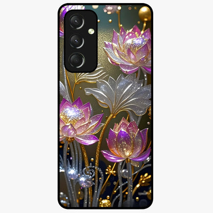 Golden Lotus Glow Glass Case showing flat back view with glowing lotus flower artwork and glossy glass finish.
