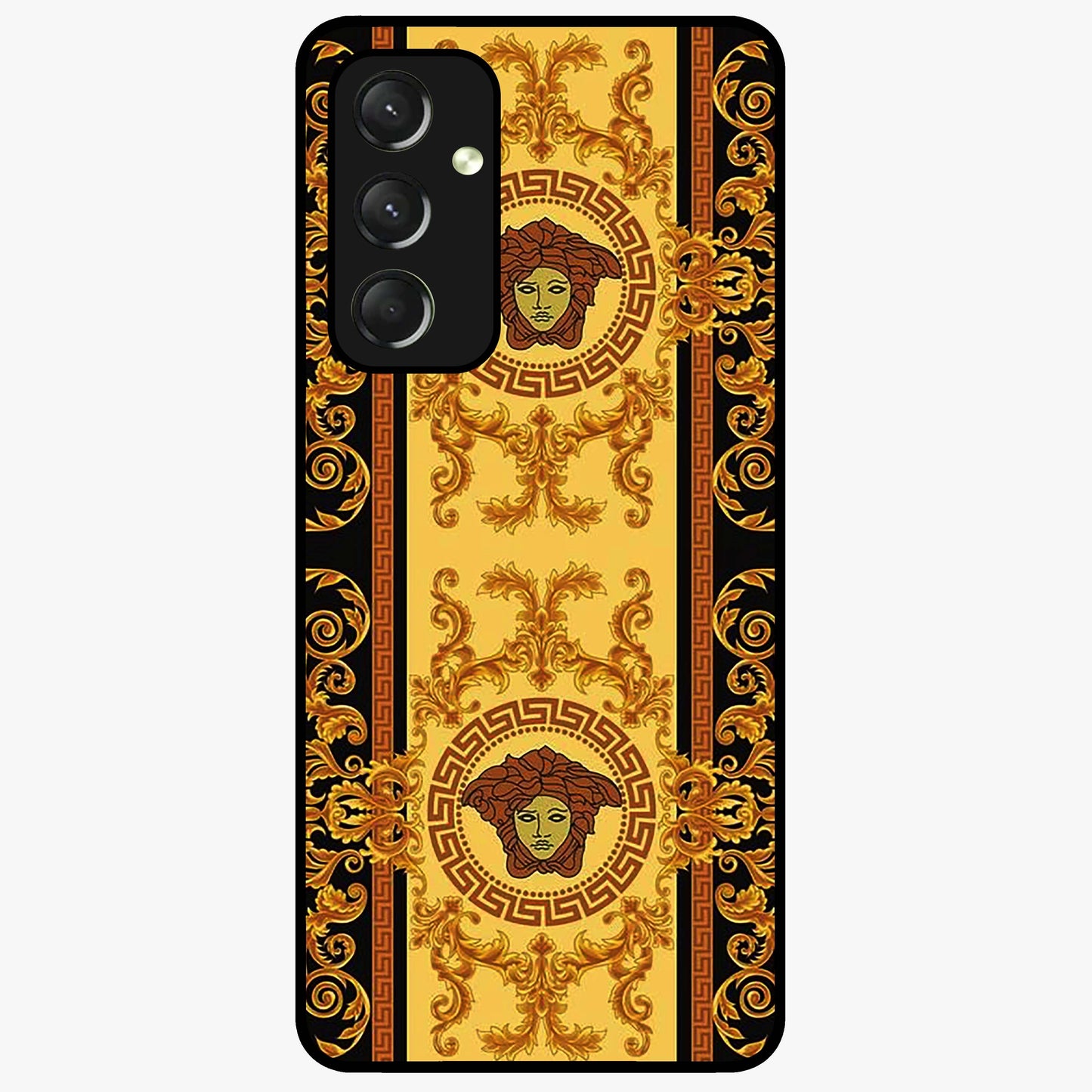 Golden Royal Heritage Glass Case showing flat back view with ornate royal pattern artwork and glossy glass finish.