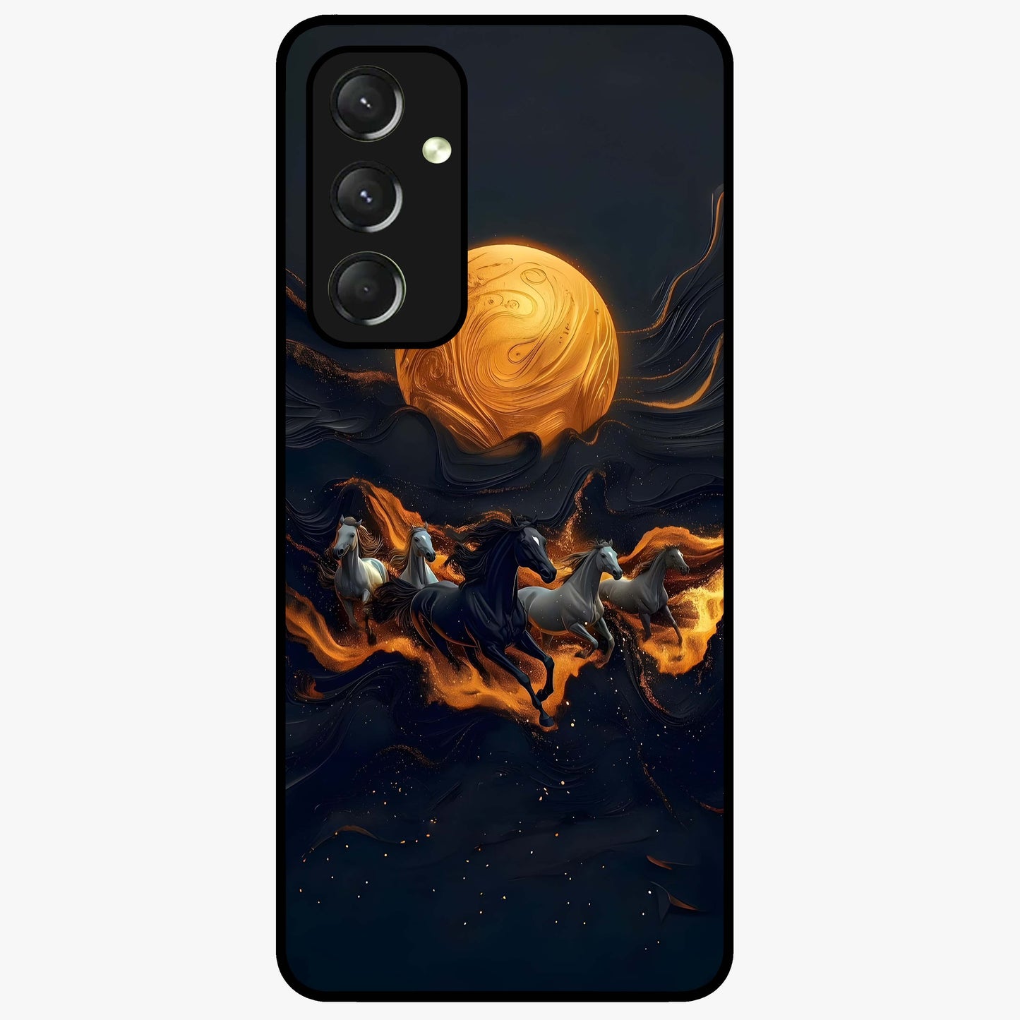 Golden Stallion Moonride Glass Case showing flat back view with majestic horse under moonlight artwork and glossy glass finish.