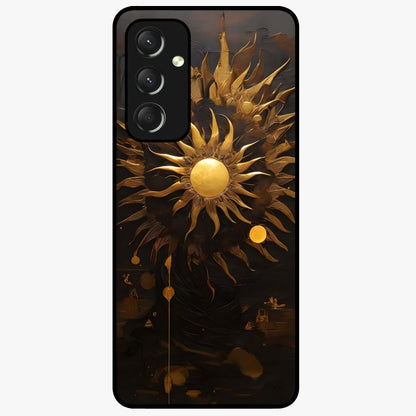 Golden Sun Majesty Glass Case showing flat back view with radiant golden sun artwork and glossy glass finish.