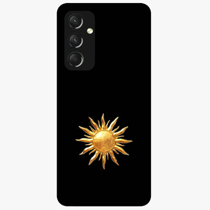 Golden Sun Minimalism Glass Case showing flat back view with minimal golden sun artwork and glossy glass finish.