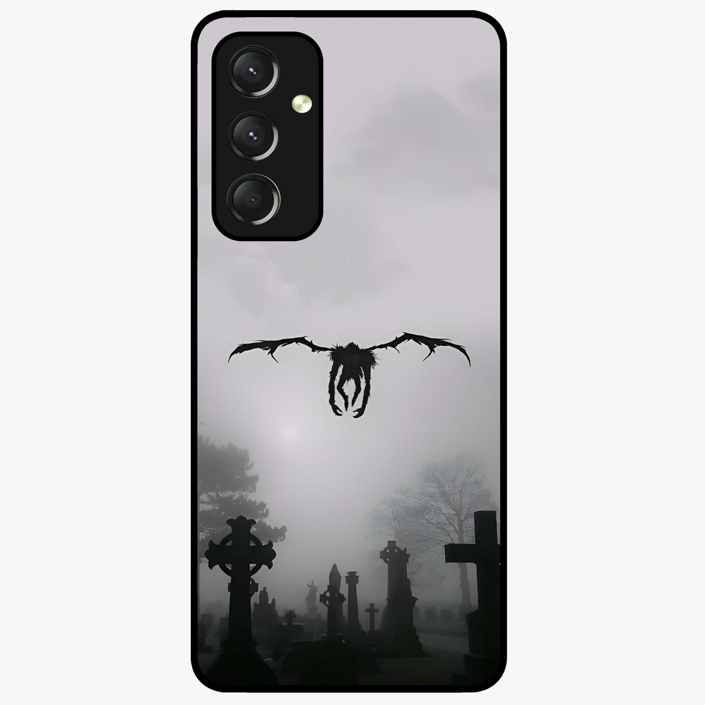 Graveyard Shadow Descent Glass Case showing flat back view with dark graveyard themed artwork and glossy glass finish.