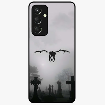 Graveyard Shadow Descent Glass Case showing flat back view with dark graveyard themed artwork and glossy glass finish.