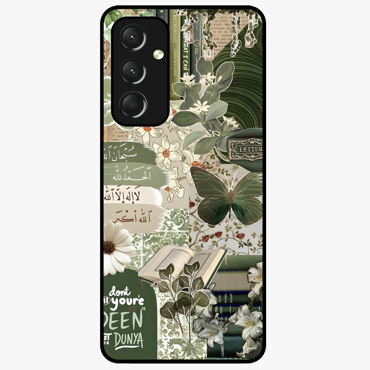 Green Islamic Books Quotes Glass Case showing flat back view with Islamic quotes and book themed artwork and glossy glass finish.