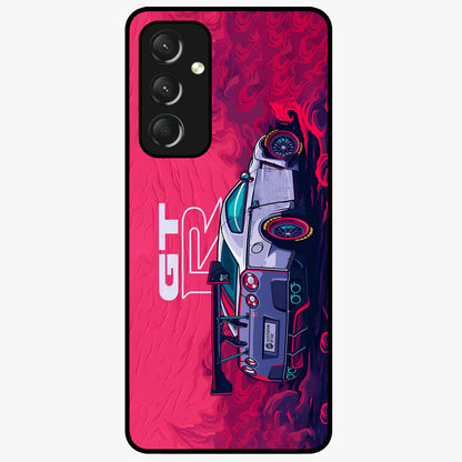 GT-R Car Pattern Glass Case showing flat back view with sporty car inspired pattern artwork and glossy glass finish.