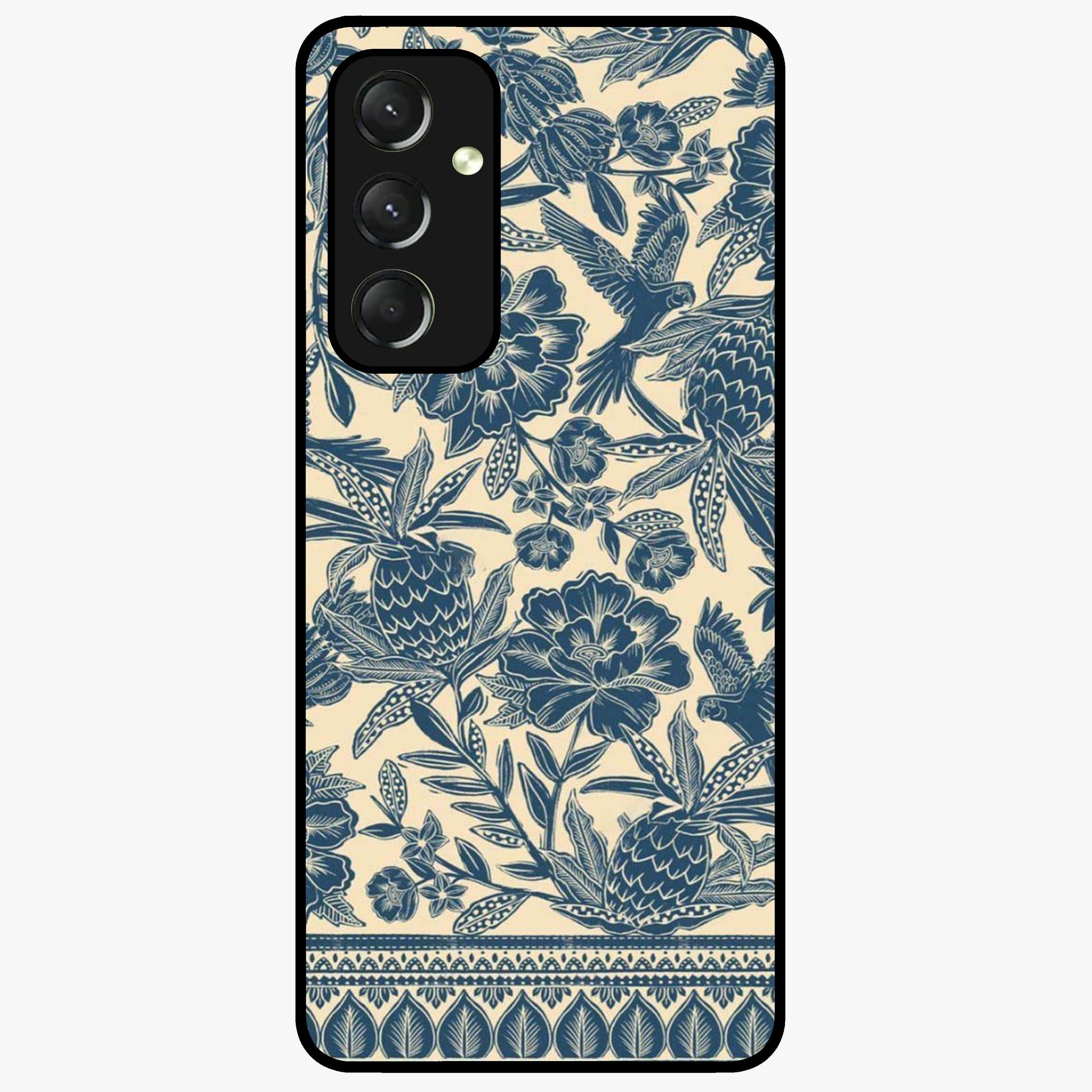 Heirloom Wild Bloom Glass Case showing flat back view with vintage inspired wild flower artwork and glossy glass finish.