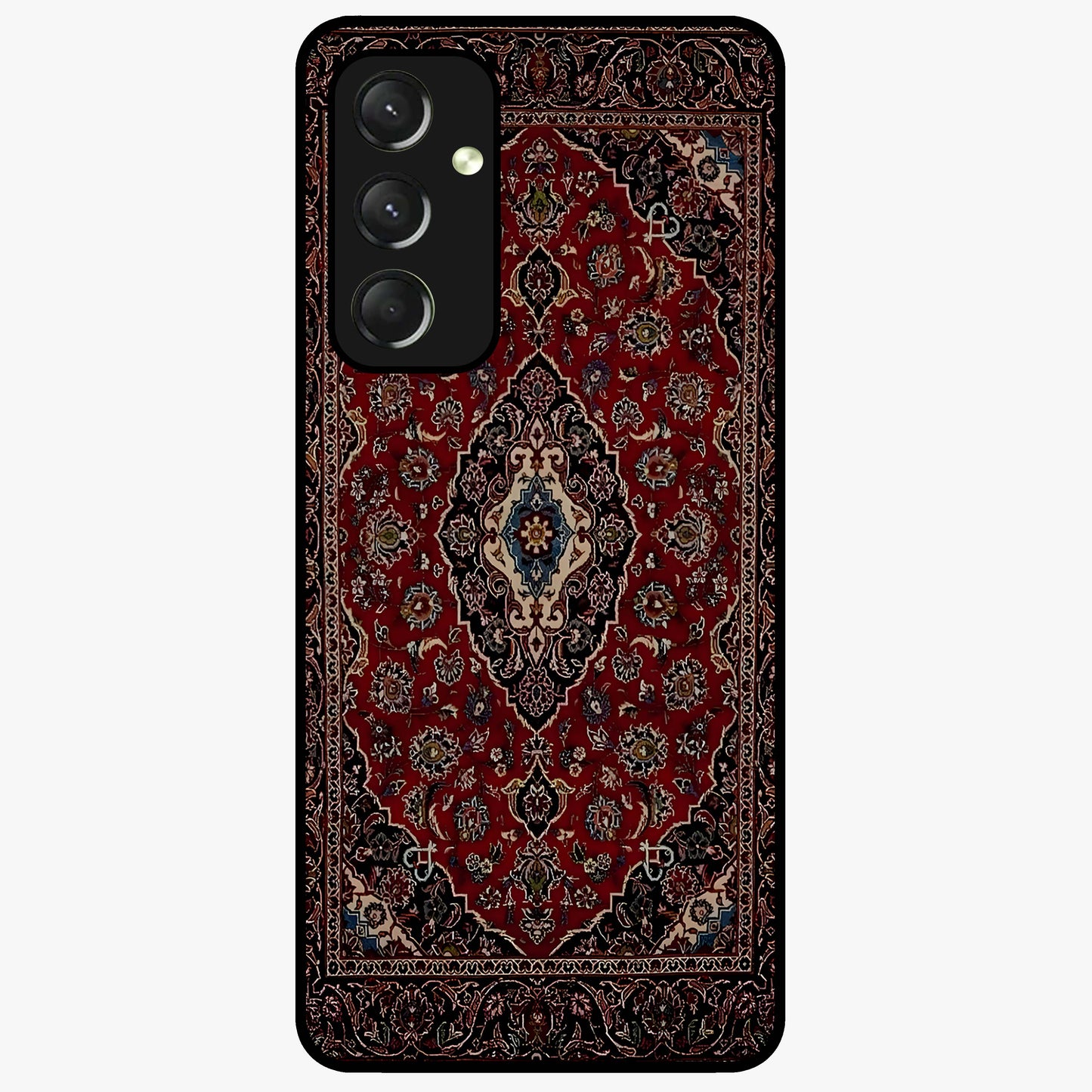 Heritage Carpet Royale Glass Case showing flat back view with ornate Persian carpet inspired pattern and glossy glass finish.