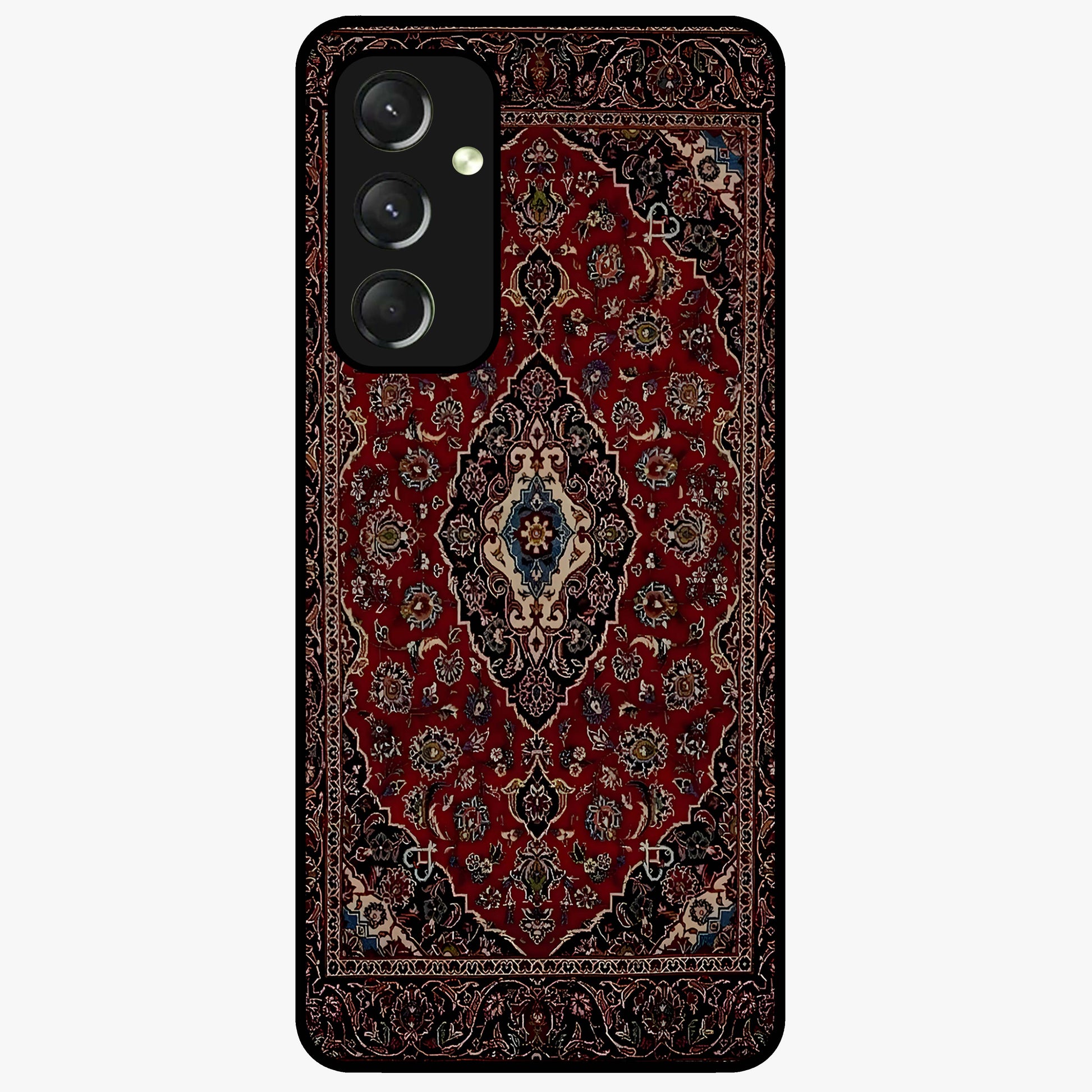 Heritage Carpet Royale Glass Case showing flat back view with ornate Persian carpet inspired pattern and glossy glass finish.