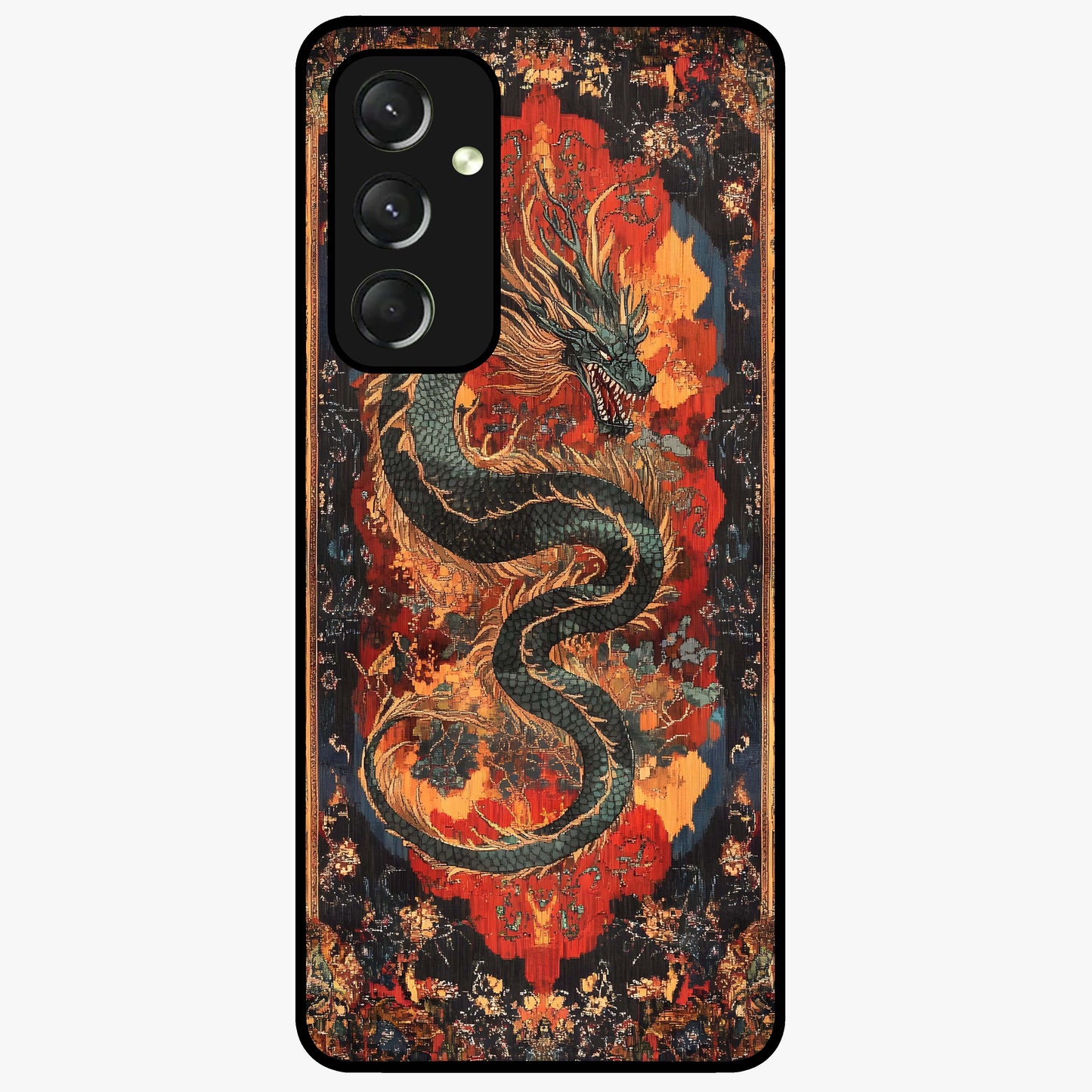 Inferno Dragon Soul Glass Case showing flat back view with fiery dragon artwork and glossy glass finish.
