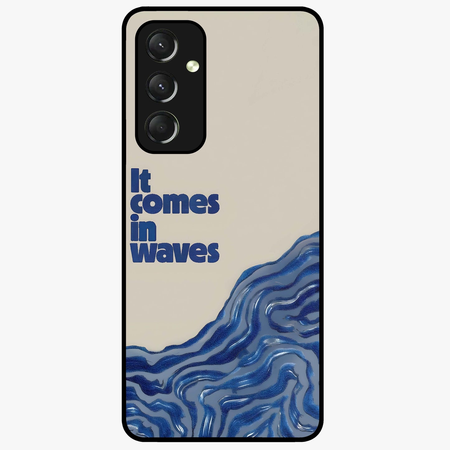 It Comes In Waves Quote Glass Case showing flat back view with inspirational wave themed quote artwork and glossy glass finish.
