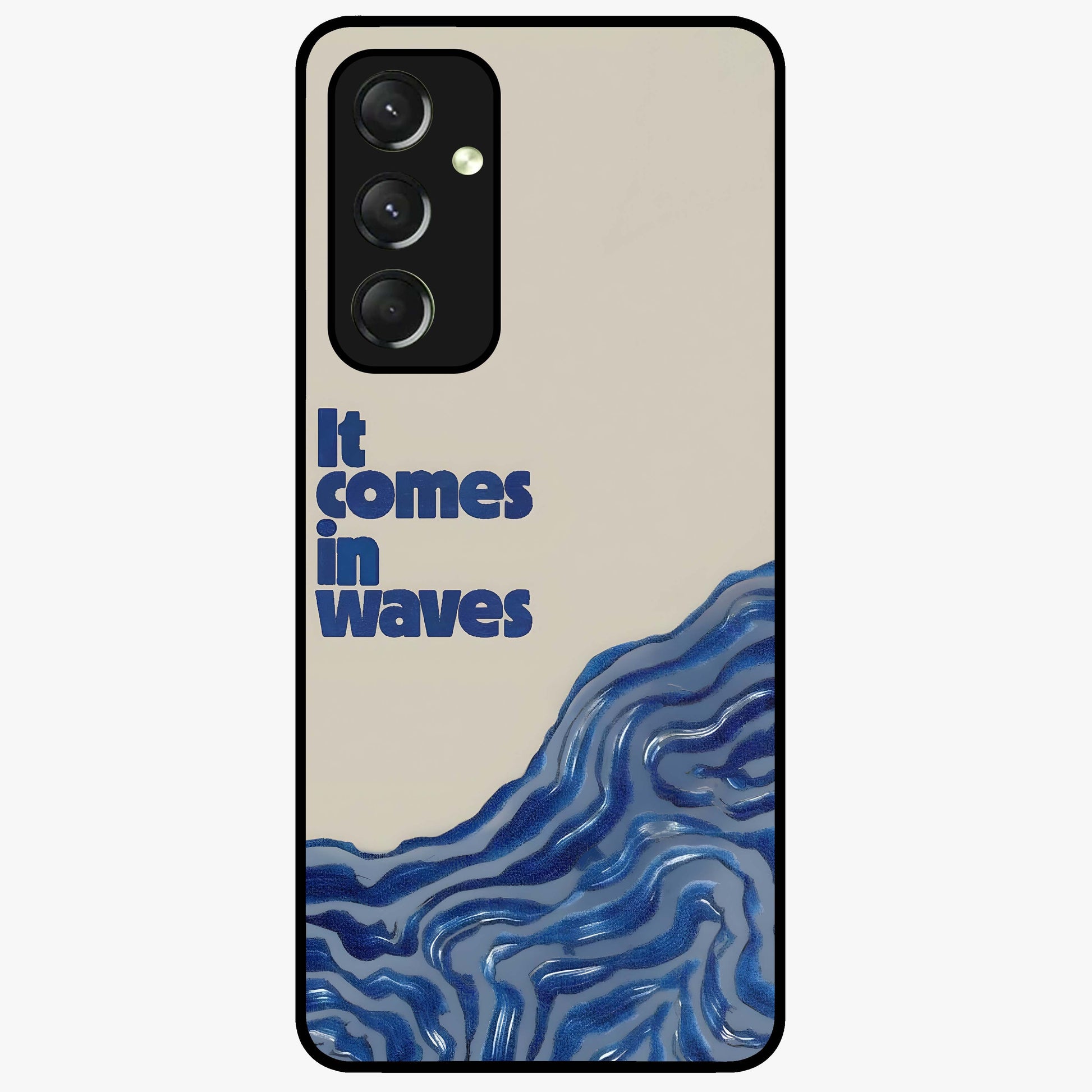 It Comes In Waves Quote Glass Case showing flat back view with inspirational wave themed quote artwork and glossy glass finish.
