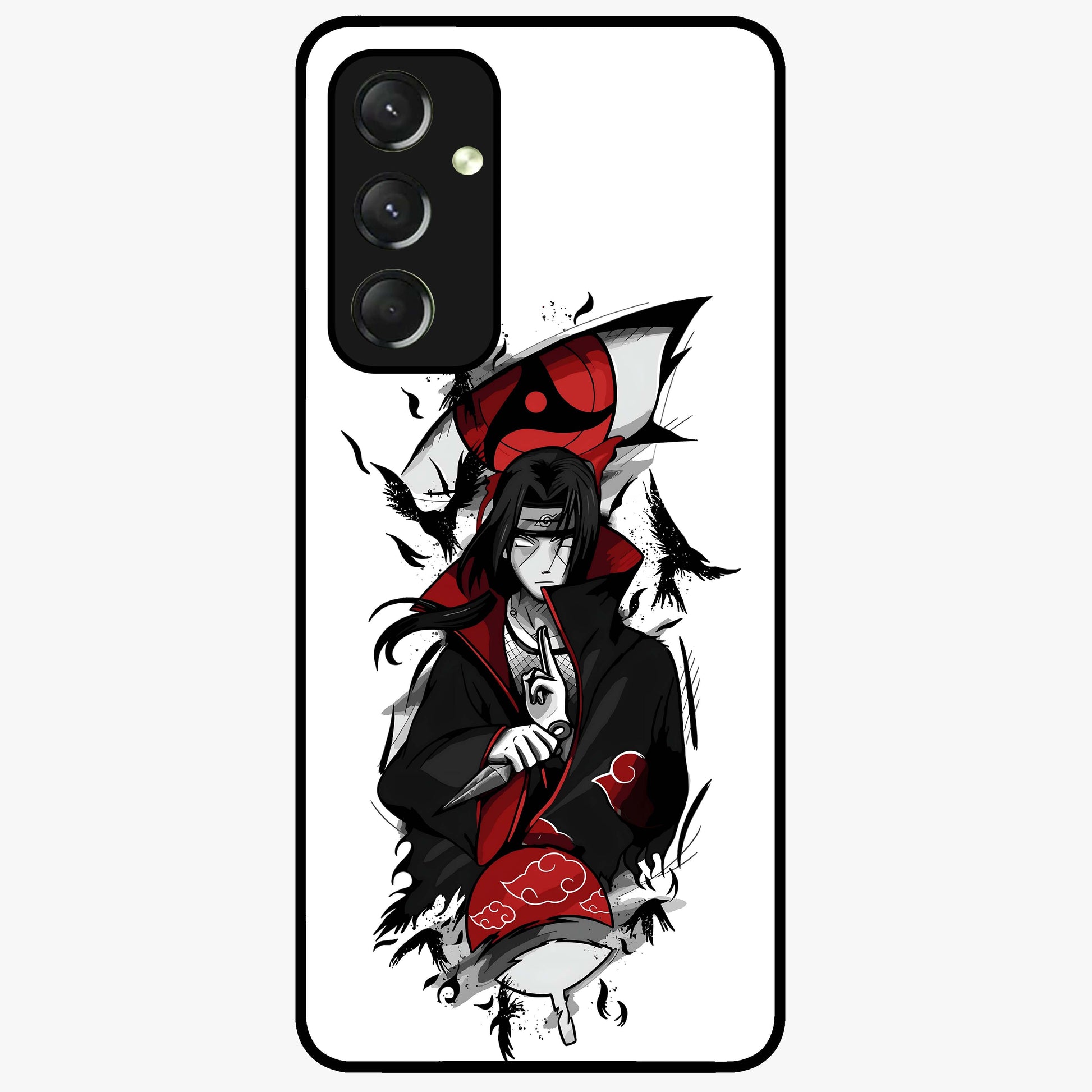 Itachi Sharingan Glass Case showing flat back view with powerful anime eye artwork and glossy glass finish.