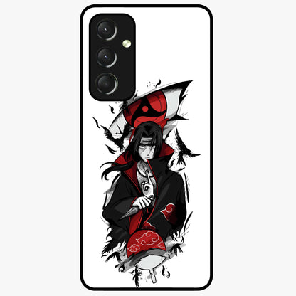 Itachi Sharingan Glass Case showing flat back view with powerful anime eye artwork and glossy glass finish.