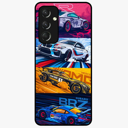 JDM Sports Car Glass Case showing flat back view with high performance sports car artwork and glossy glass finish.