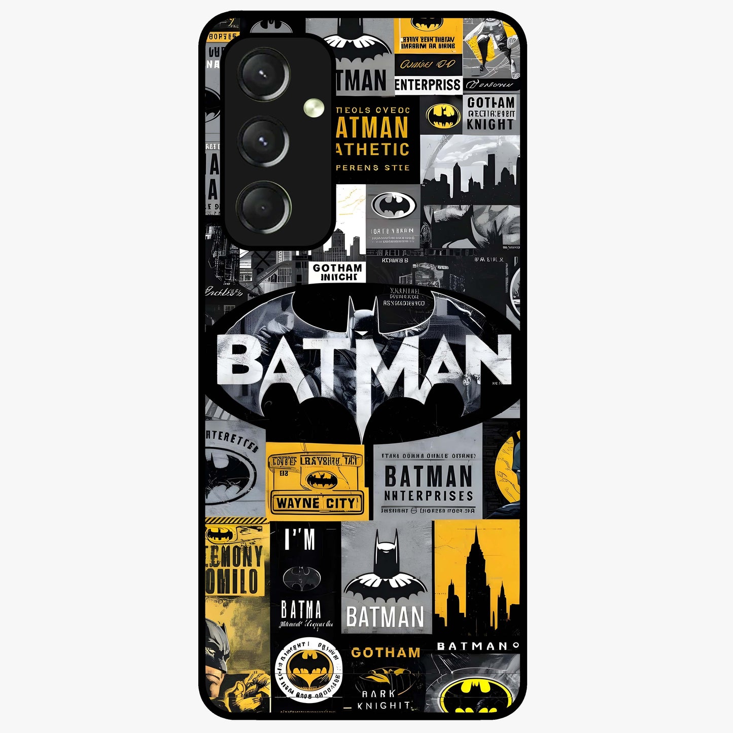 Knight Gotham Rise Glass Case showing flat back view with dark hero inspired artwork and glossy glass finish.