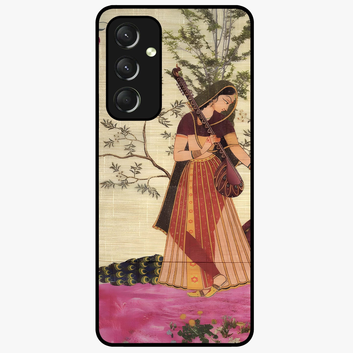 Lady With Veena Art Glass Case showing flat back view with elegant woman playing veena artwork and glossy glass finish.