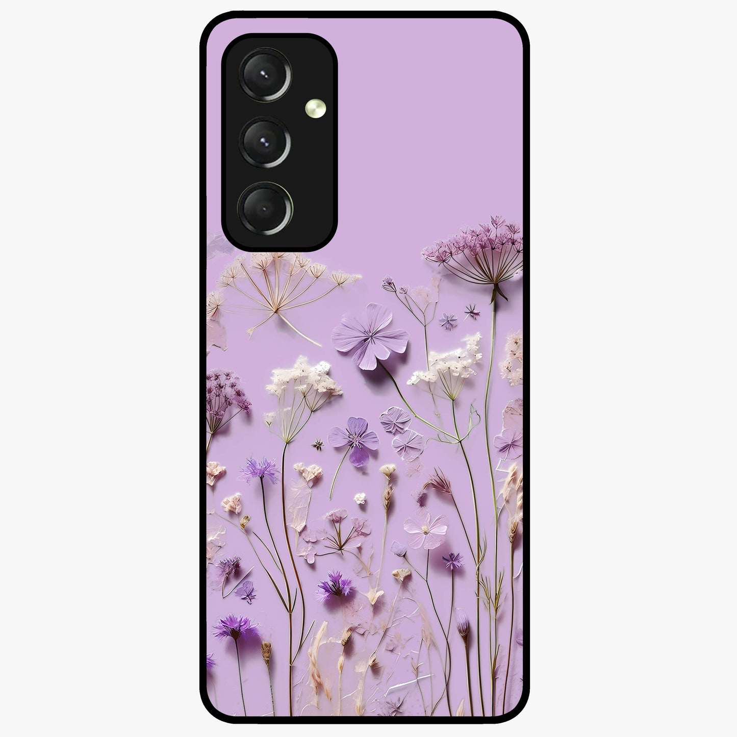 Lavender Blossom Dream Glass Case showing flat back view with soft lavender floral artwork and glossy glass finish.