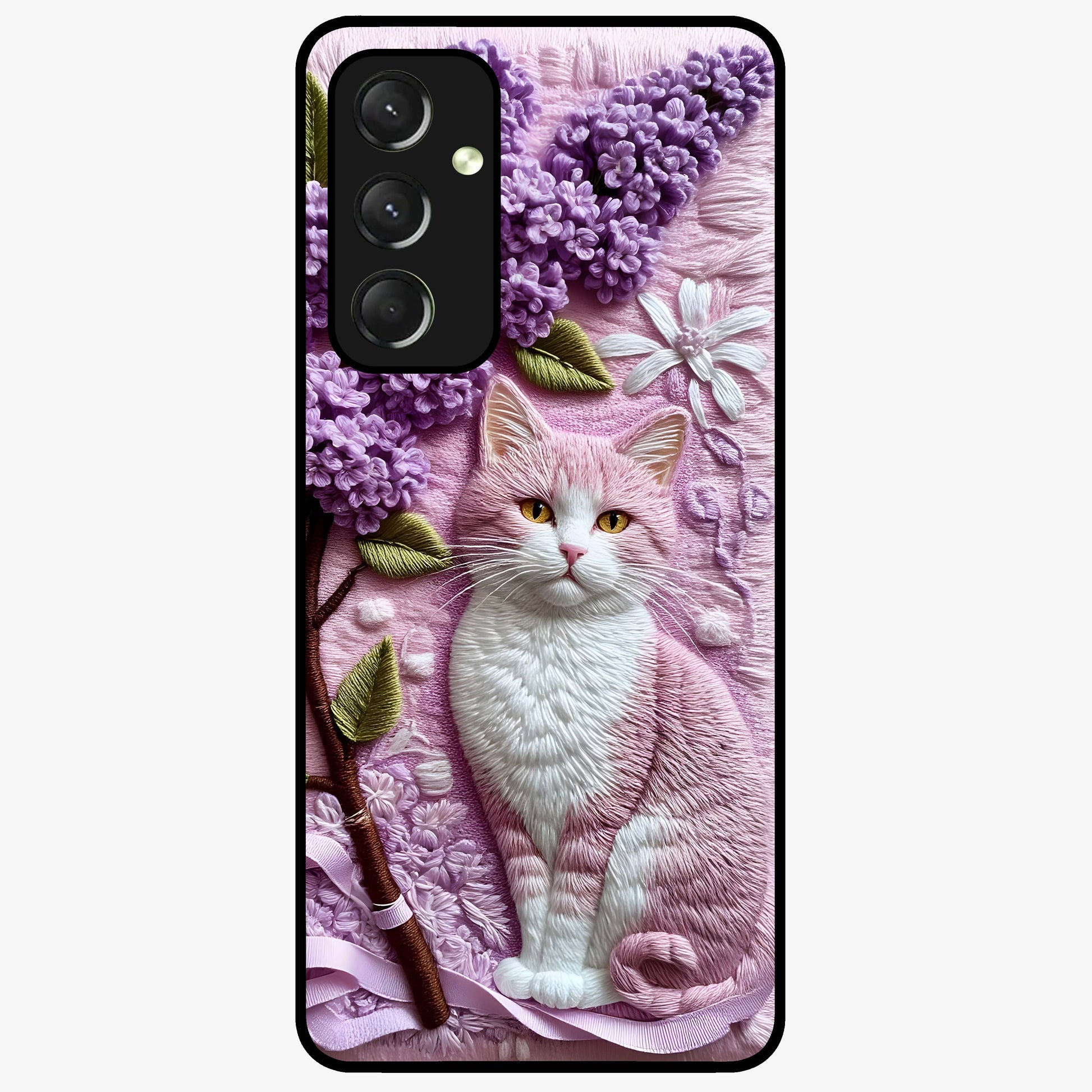 Lavender Cat Whimsy Glass Case showing flat back view with cute lavender cat artwork and glossy glass finish.