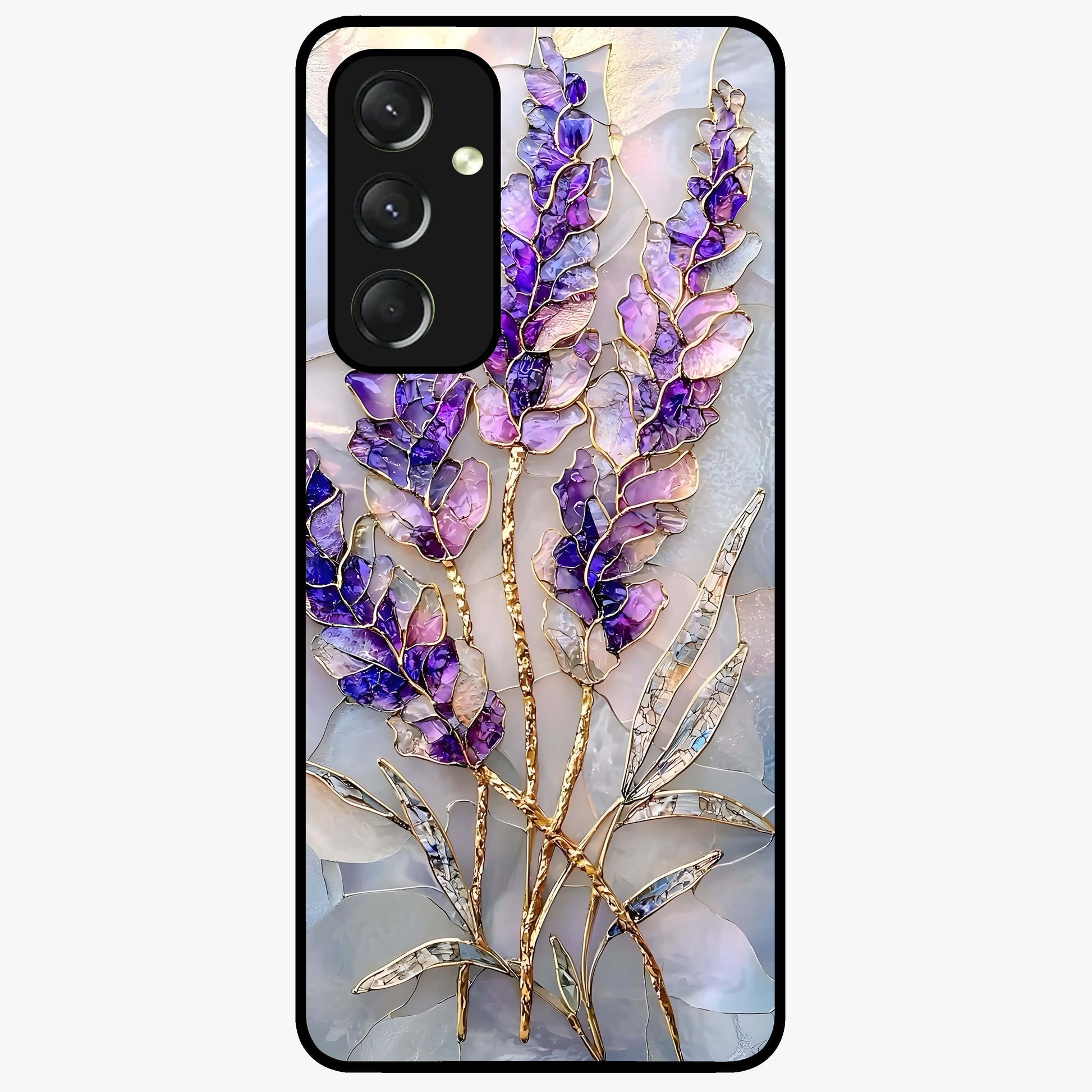 Lavender Dream Glow Glass Case showing flat back view with glowing lavender aesthetic artwork and glossy glass finish.